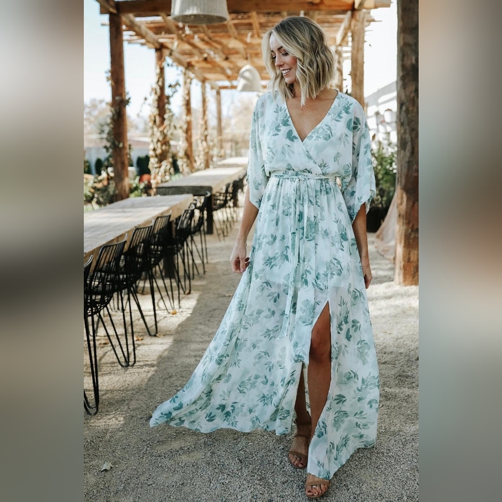 White dress with sage green flowers